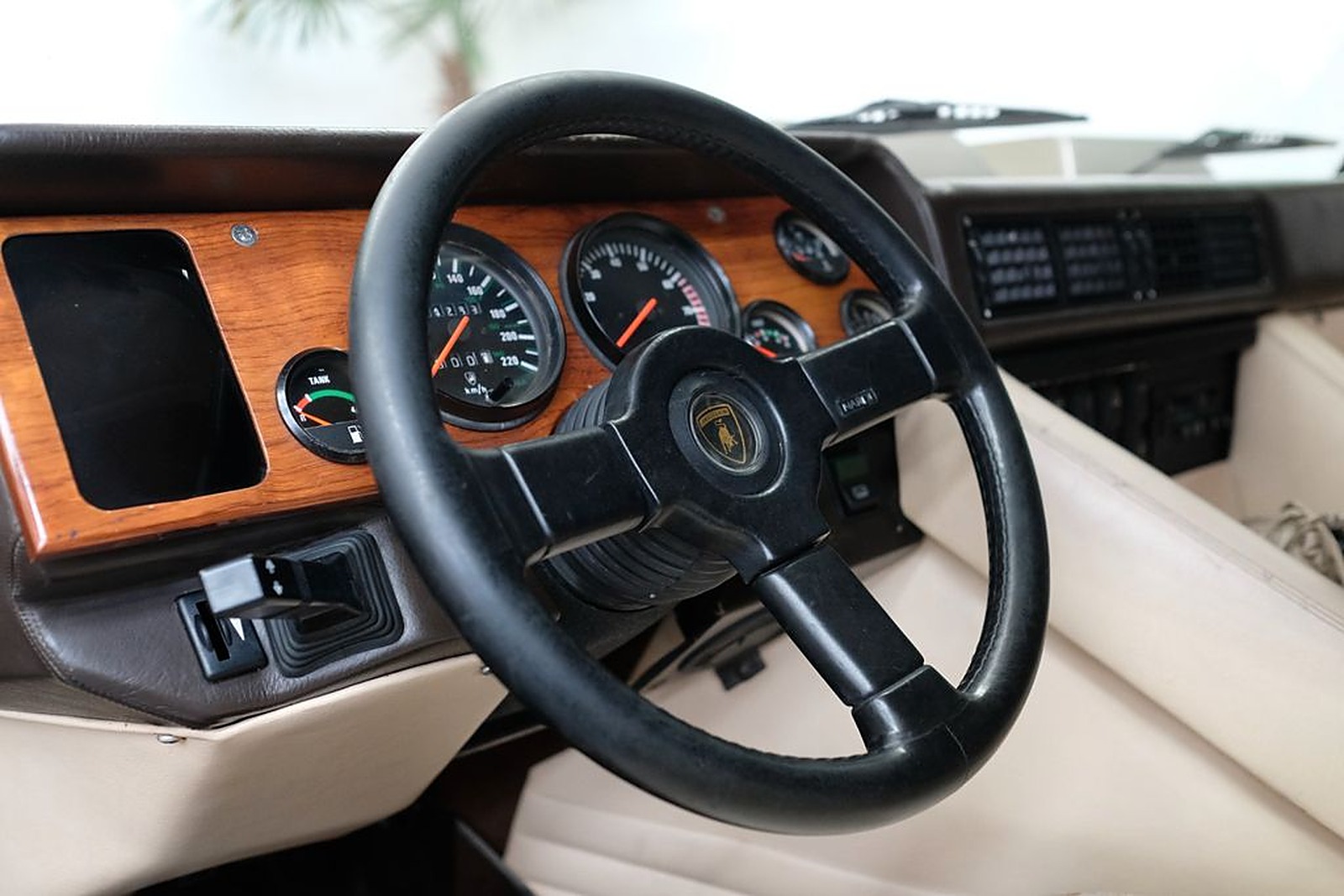 деревянная панель и руль с эмблемой Lamborghini