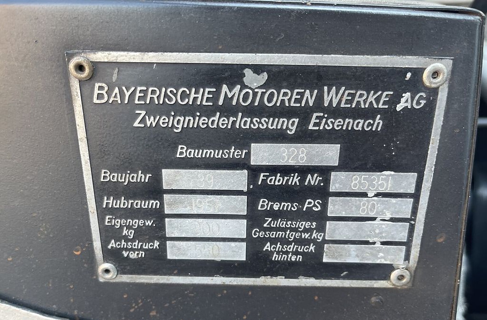 табличка BMW Eisenach: тип 328, номер 85351